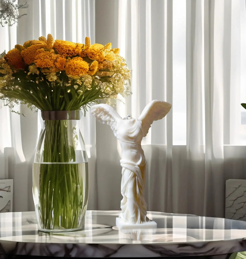 Winged Victory bust candle made from soy wax – hand-poured sculptural candle inspired by Greek statue design