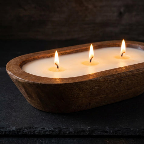 Wooden dough bowl candle with natural soy wax — hand-poured in Orlando FL