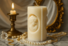 Close-up of the Camee Marie candle, showcasing intricate classical detailing and a soft pastel hue for a refined aesthetic.
