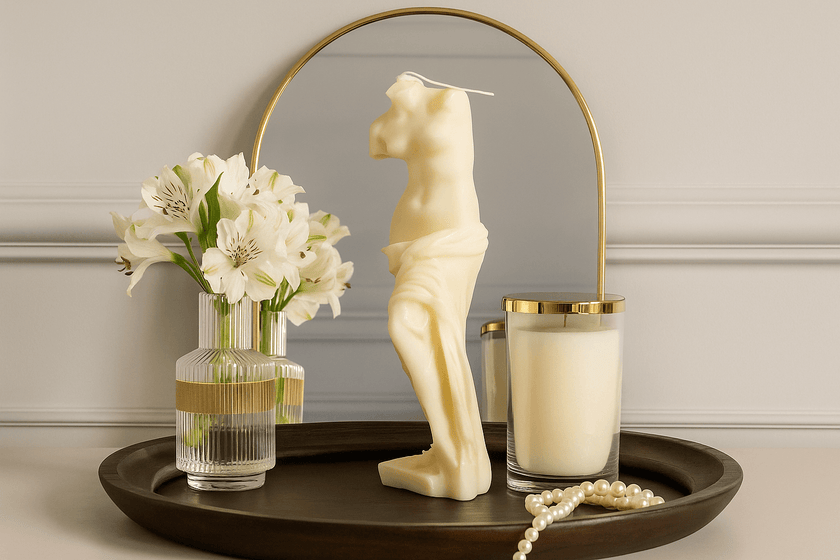 Decorative setup with a candle shaped like a female torso, flowers, and a candle on a tray.