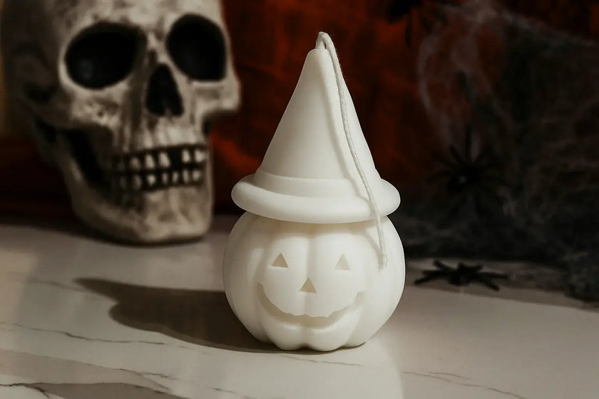 Artisan pumpkin candle with spooky witch hat, hand-poured soy wax, phthalate-free.