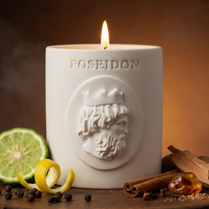Poseidon scented candle with hints of sea air, leather, and birch. 8-ounce, soy blend candle, approximately 60-hour burn time. Free shipping over $100
