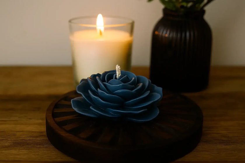 Sculptural Halloween black rose candle crafted from natural soy wax with cotton wick