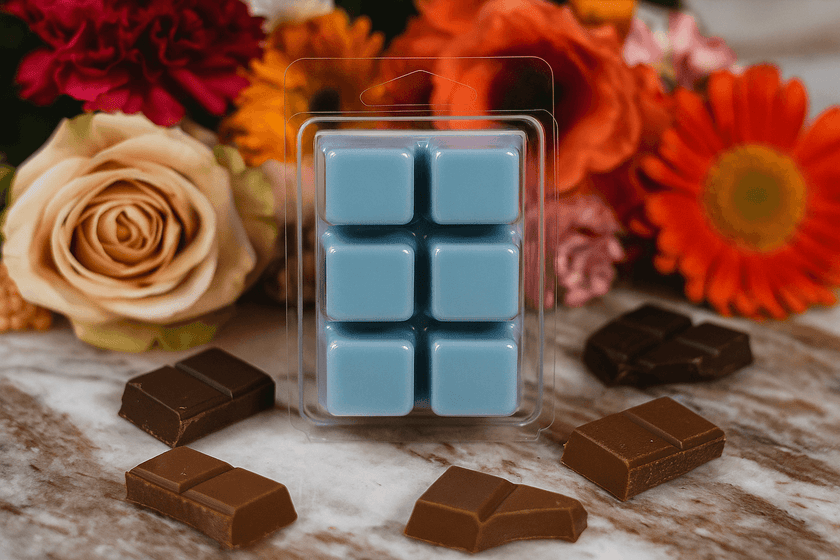 Pack of blue wax melts on a marble surface with a blurred background