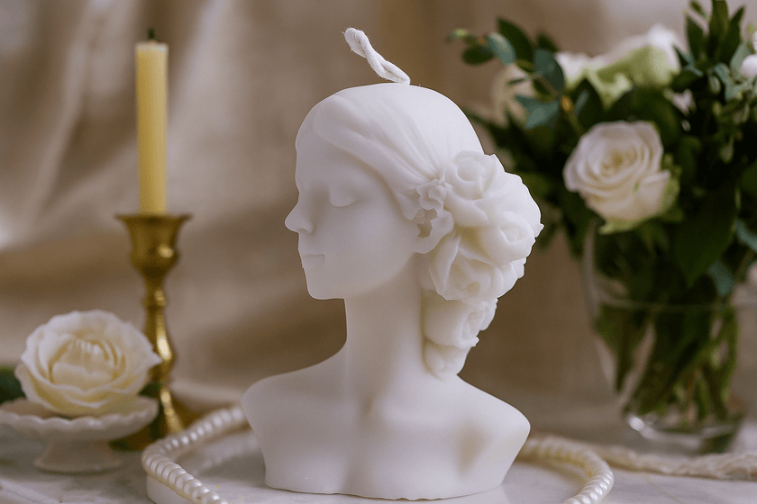 White bust candle with floral design on a decorative table with flowers and a candle.