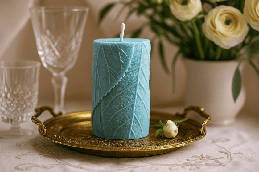 Teal candle with leaf pattern on a gold tray with glasses and flowers in the background