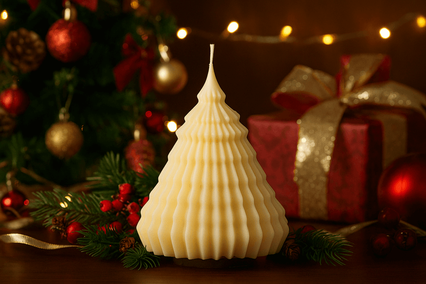 Decorative white pine cone candle on a festive table with holiday gingerbread houses in the background.