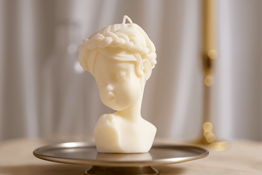 Candle shaped like a classical bust on a reflective surface with a blurred background