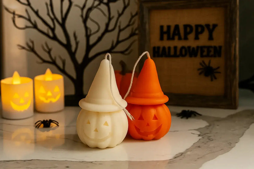 Halloween-themed decorations including pumpkins and candles with a 'Happy Halloween' sign in the background.