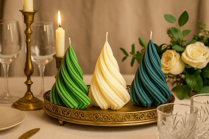 Three colorful spiral candles on a decorative tray with a table setting in the background.