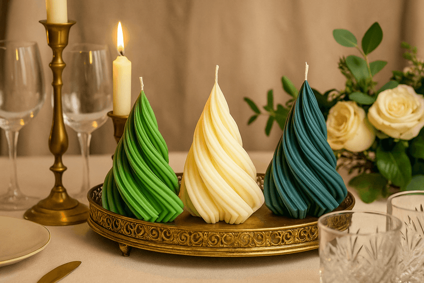 Three colorful spiral candles on a decorative tray with a table setting in the background.
