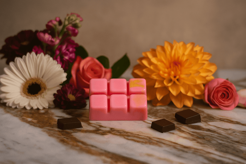Pack of pink wax melts in a clear plastic packaging on a wooden surface with blurred colorful candles in the background.