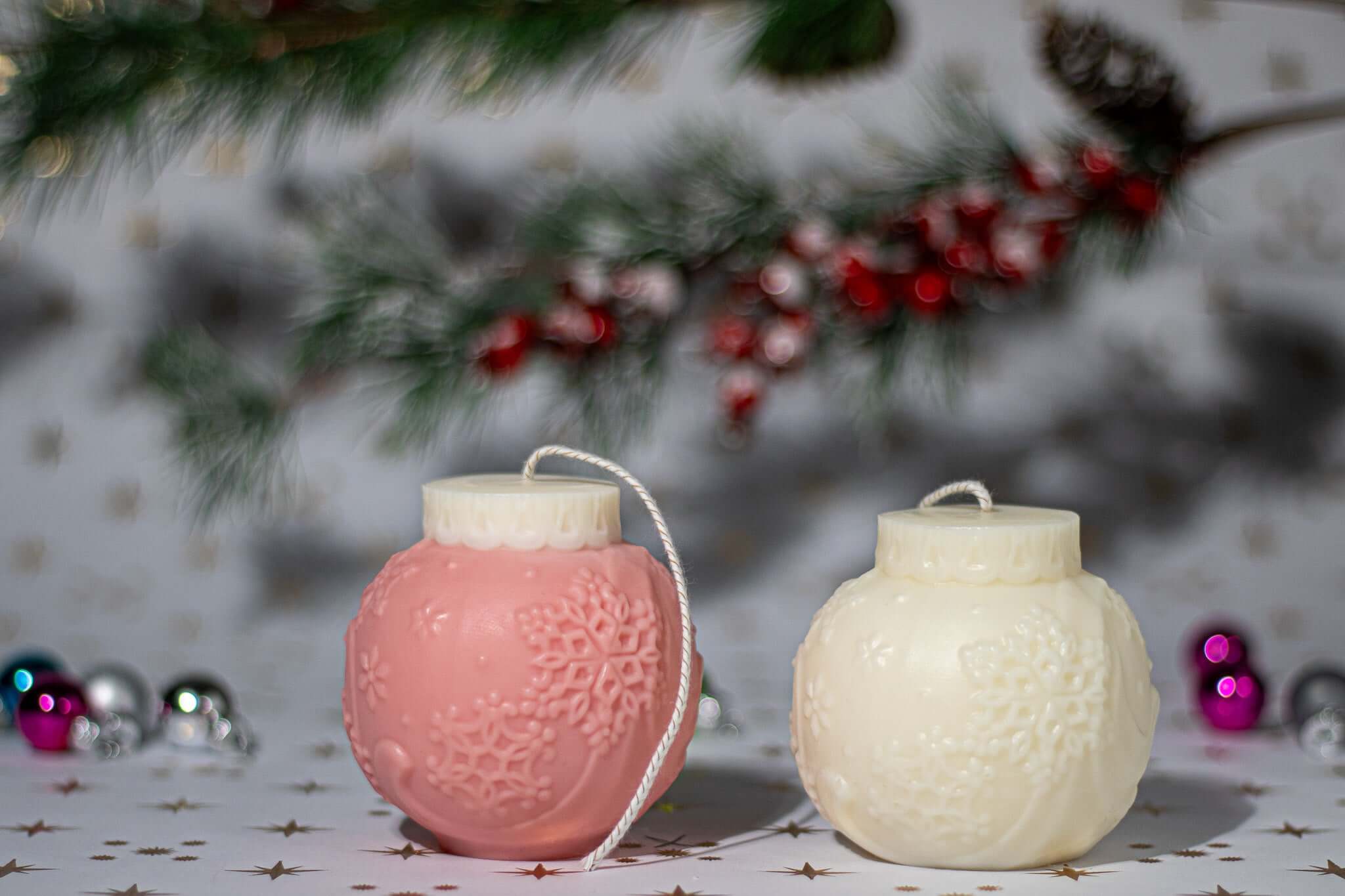 Snowflake-inspired scented candle, perfect for creating a warm and inviting ambiance during the holiday season.