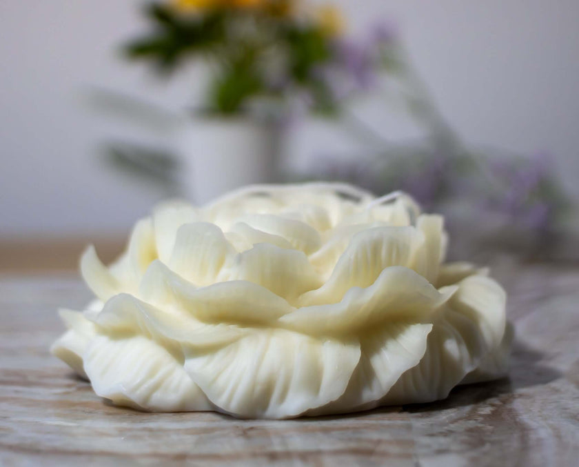Handcrafted Peony Imperial decorative candle with a sculptural floral design, made from premium natural wax.