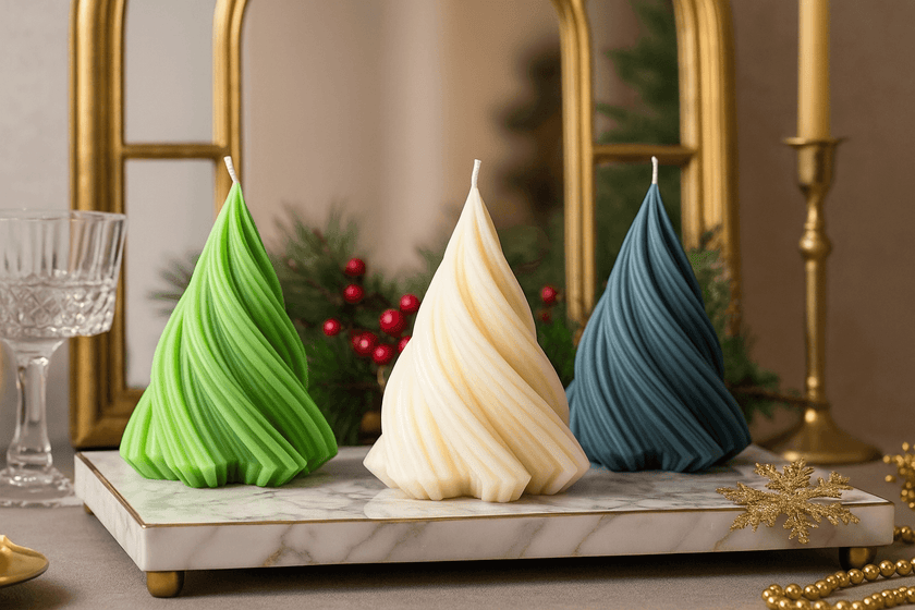 Three decorative candles shaped like Christmas trees on a marble surface with a gold candle holder and festive background.