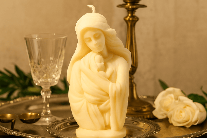 Handcrafted decorative scented candle of Mary holding baby, perfect for holiday decor and nativity themes.
