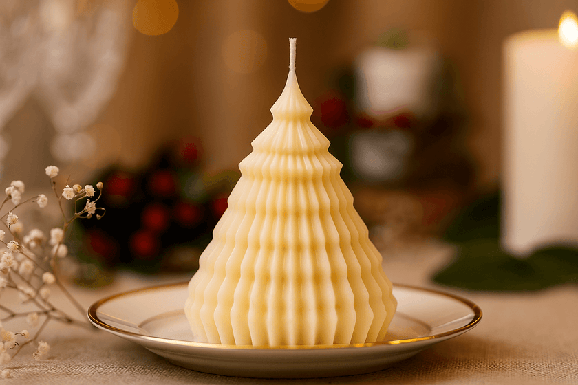 decorative tree-shaped candles, one cream and one teal, placed on a book with festive gingerbread houses in the background.