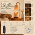 Votive Candle Co. amber glass candle lamp with a warm brass-toned arch and glowing candle inside, shown in a styled home scene with books, a mug, and a remote control.