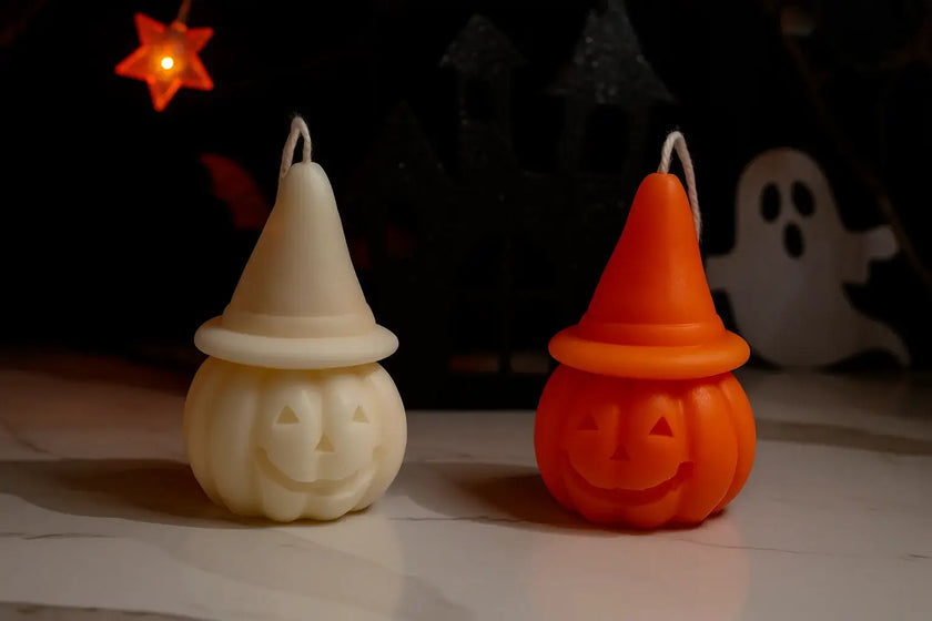 Eco-friendly soy wax Halloween pumpkin candle with clean burn cotton wick.