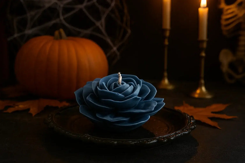 Gothic black rose candle, spooky decorative soy wax design for Halloween home décor