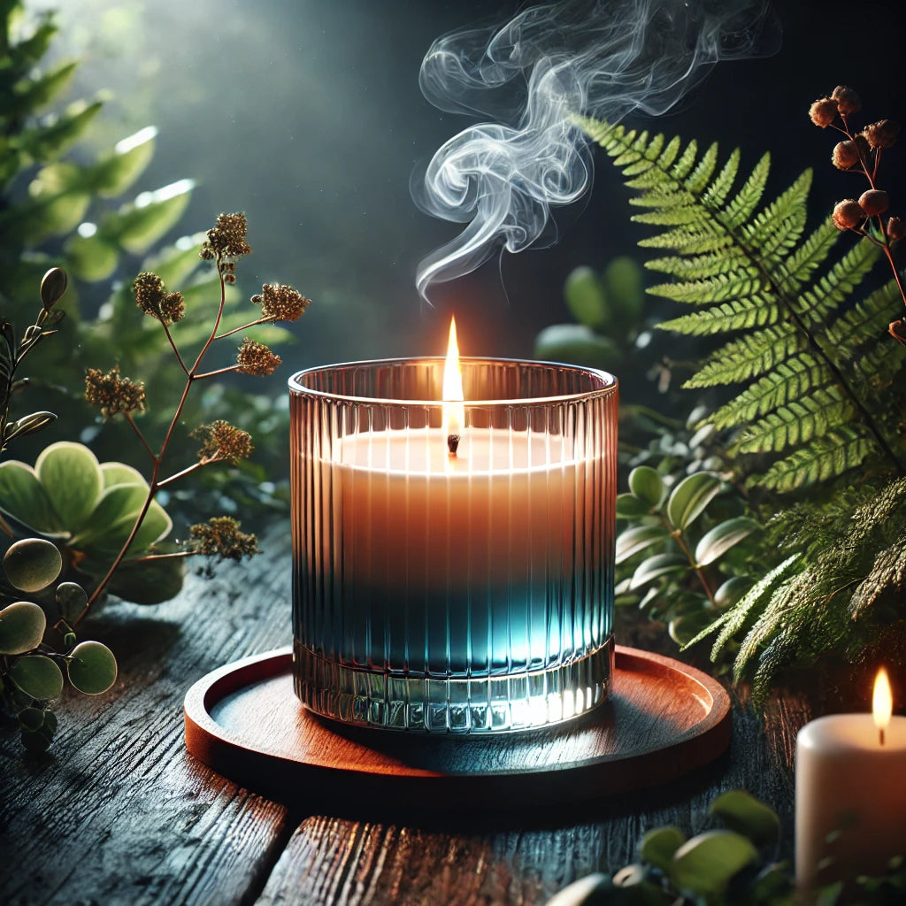 Eco-friendly soy wax candle in a ribbed glass container, burning with a soft glow amidst lush greenery. A natural and sustainable home décor piece, creating a tranquil ambiance with flickering light and delicate rising smoke. Perfect for relaxation, aromatherapy, and a toxin-free living space.