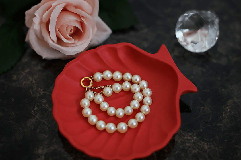 Pearl necklace on a red shell-shaped tray with a pink rose and crystal in the background.