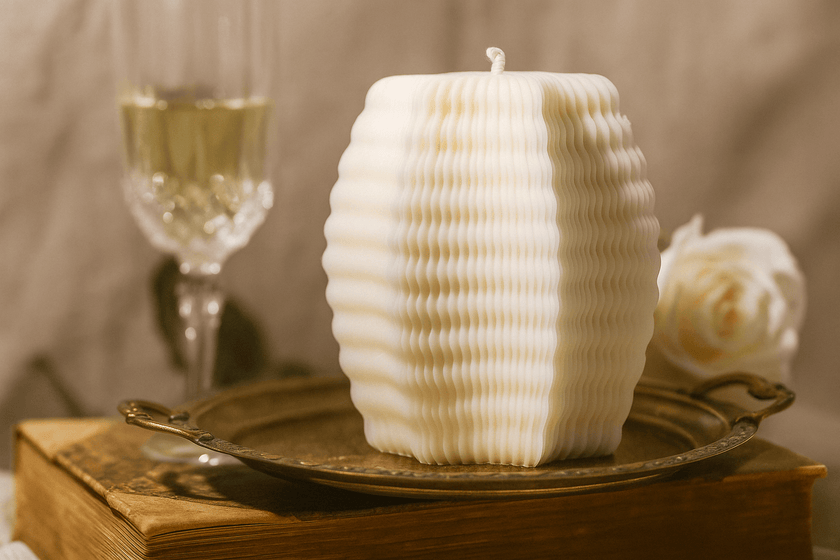  elegant natural scented candles in soft yellow, showcasing unique ribbed designs against a golden starry background.