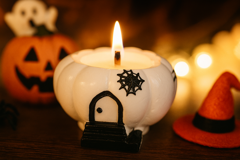 Candle in a pumpkin-shaped holder with a spider web design, surrounded by Halloween decorations.