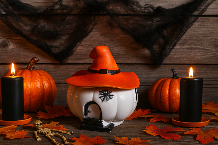 Halloween-themed decor with pumpkins, candles, and a witch hat on a wooden surface.