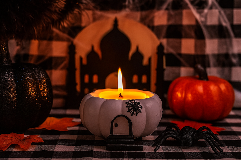 Candle in a pumpkin-shaped holder with pumpkins and spider decorations on a checkered tablecloth.