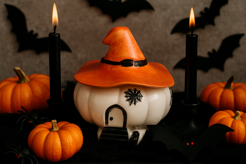 Halloween-themed decoration with a white pumpkin-shaped house, orange witch hat, black candles, and pumpkins on a dark background.