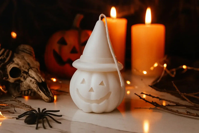 Halloween jack-o’-lantern candle decor, natural soy wax, small sculptural design.