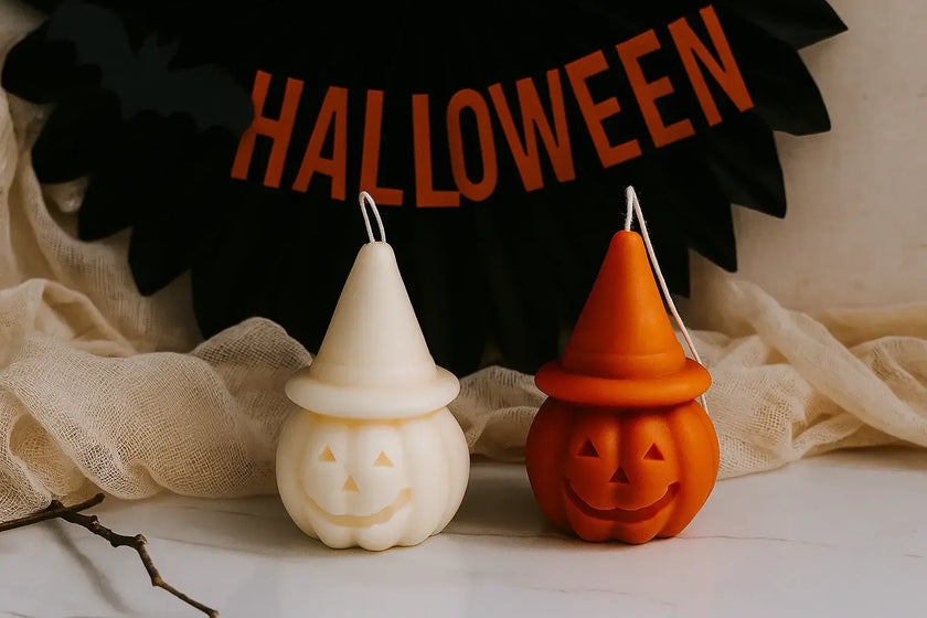 Two Halloween-themed candles, one white and one orange, with a 'Halloween' banner in the background.