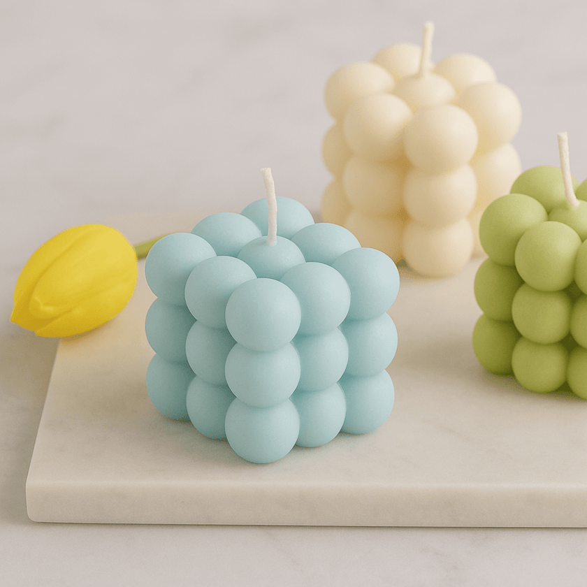 Artistic soy wax candle – handcrafted bubble cube with clean scent and sustainable materials.