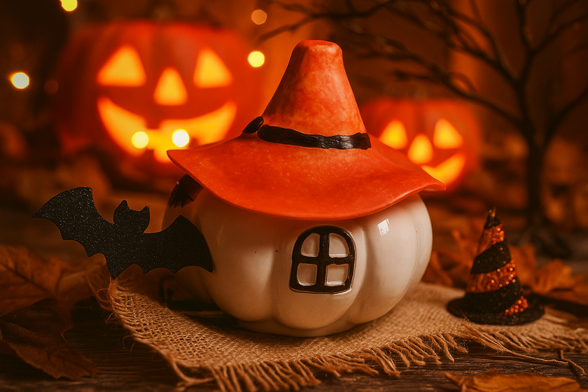 Halloween-themed pumpkin with a witch hat, surrounded by pumpkins and leaves.