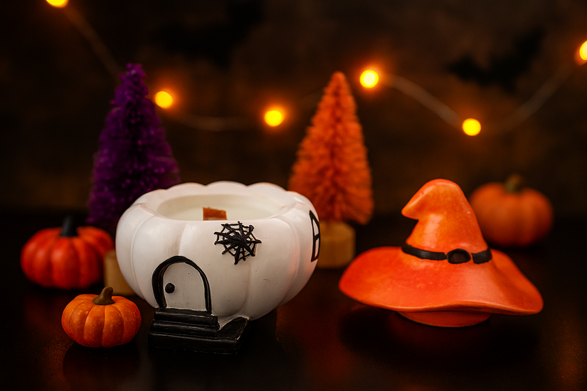 Halloween-themed decorations including a white pumpkin with black details, orange witch hat, and small pumpkins on a dark background.