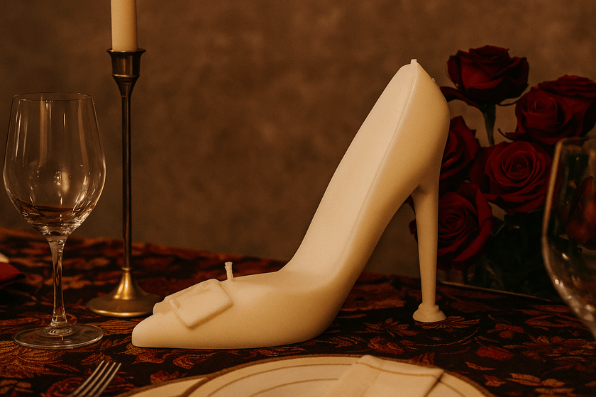 White high-heeled shoe candle on a table with wine glasses and roses.