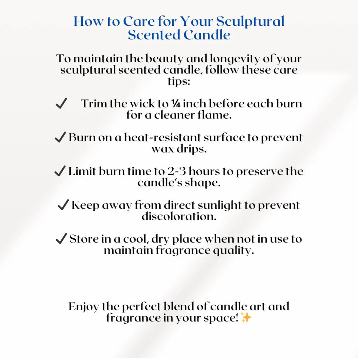 Care instructions for a sculptural scented candle on a white background