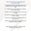 Care instructions for a sculptural scented candle on a white background