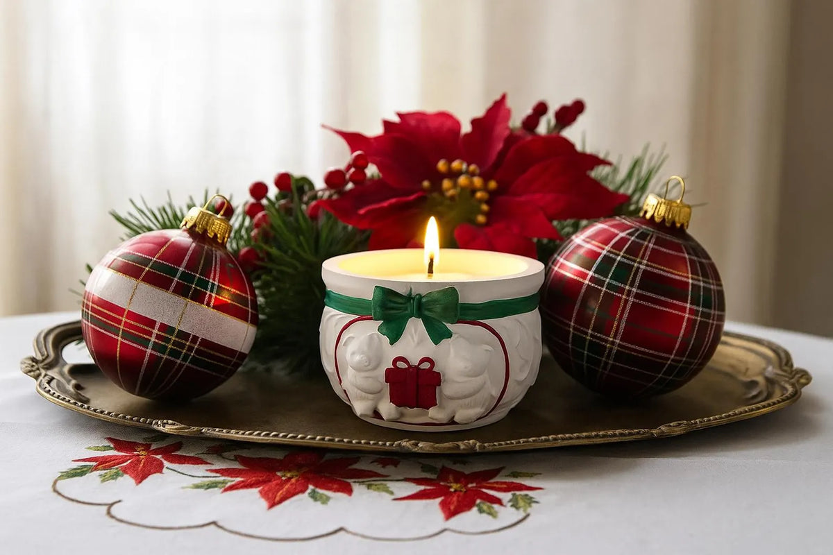Decorative candle with plaid ornaments and poinsettias on a table