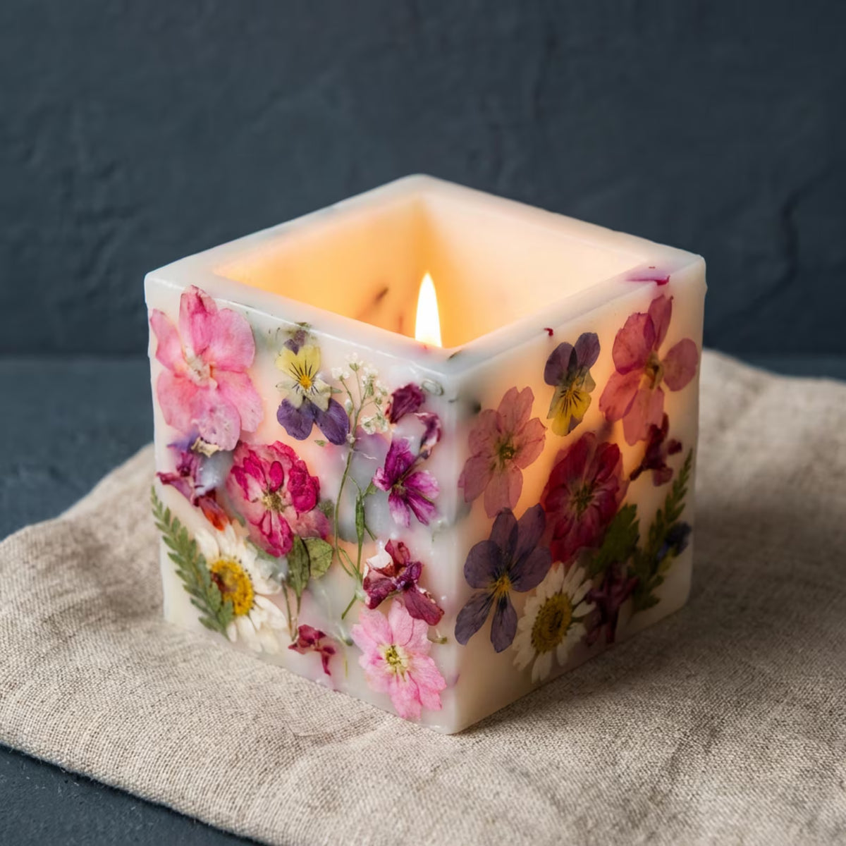 Natural Candle Holder with Dried Flowers soy wax candle — detail view