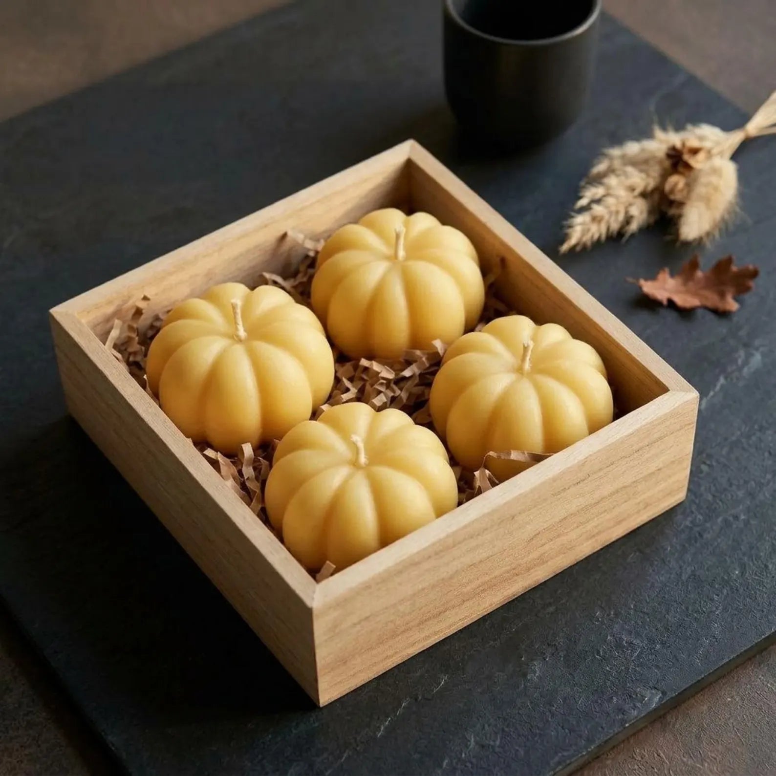 Pumpkin Soy Wax Candle Gift Set in Wooden Box — Fall Autumn Decor, Thanksgiving & Housewarming Gift
