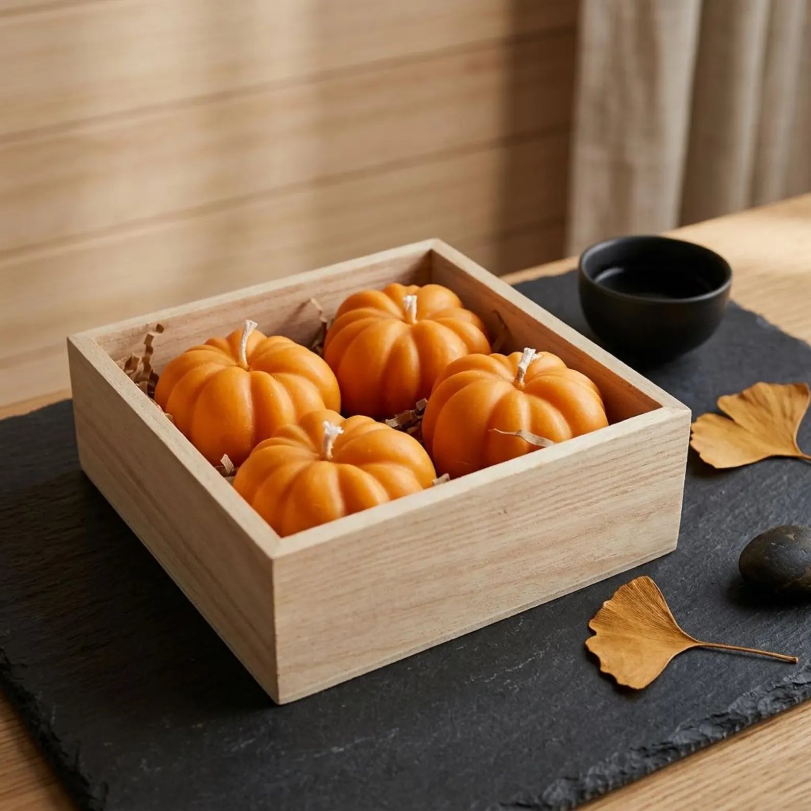 Pumpkin Soy Wax Candle Gift Set in Wooden Box — Fall Autumn Decor, Thanksgiving & Housewarming Gift