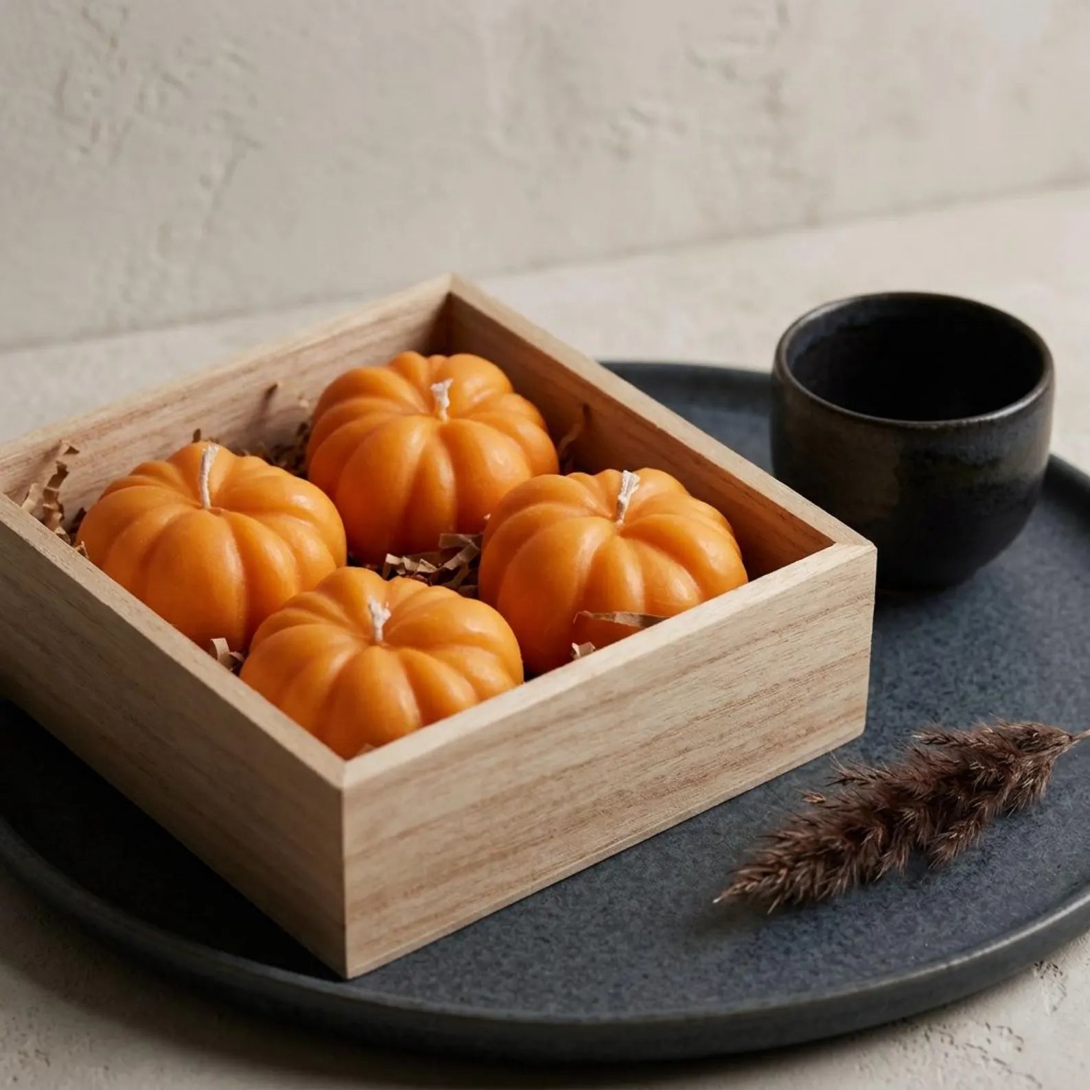 Pumpkin Soy Wax Candle Gift Set in Wooden Box — Fall Autumn Decor, Thanksgiving & Housewarming Gift