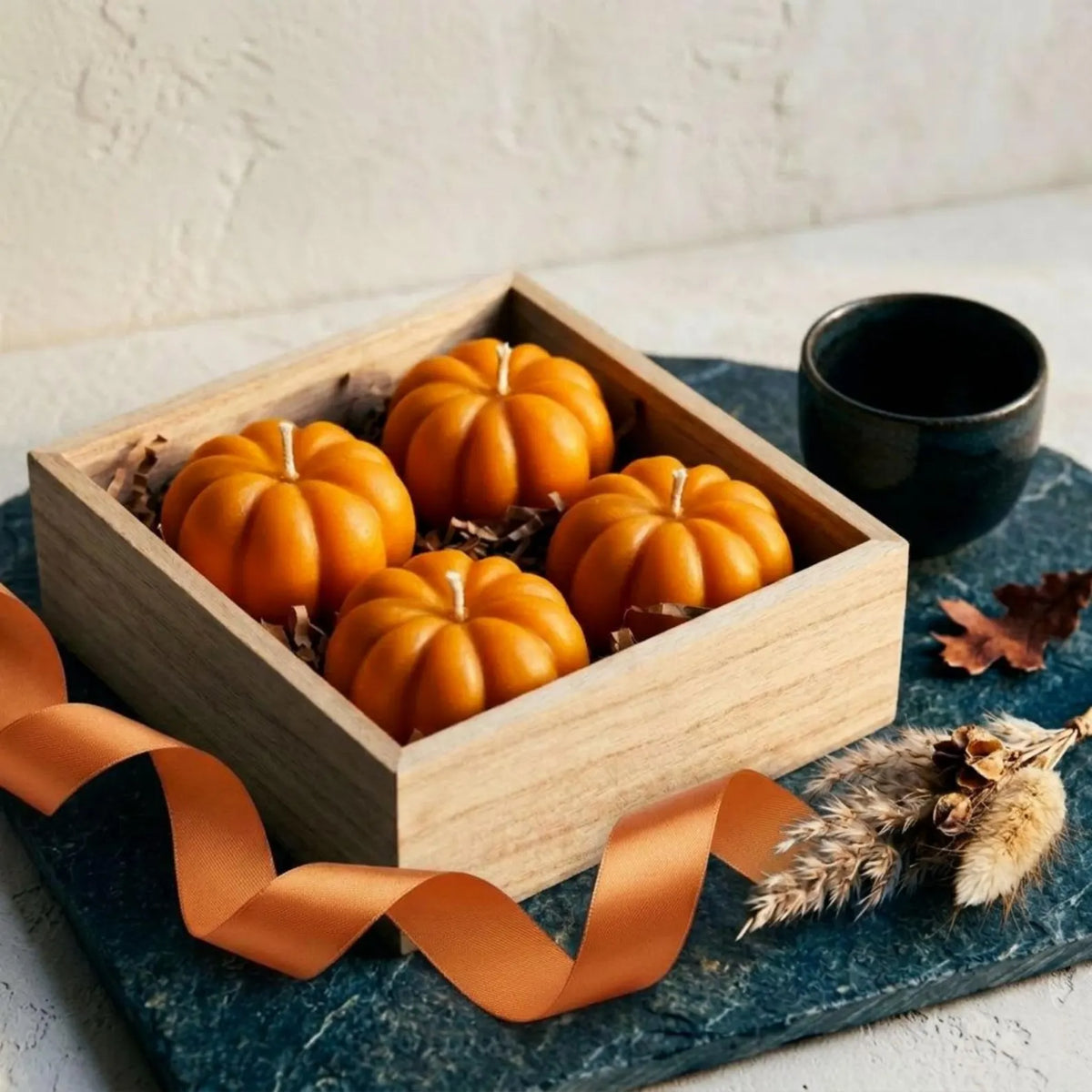 Pumpkin Soy Wax Candle Gift Set in Wooden Box — Fall Autumn Decor, Thanksgiving & Housewarming Gift
