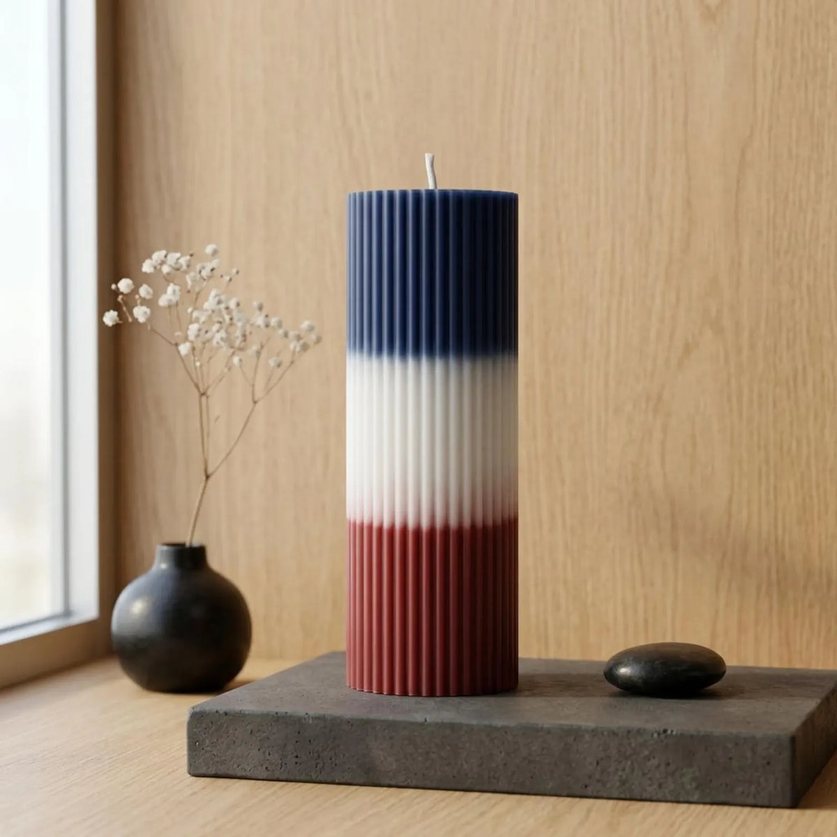 4th of July Soy Wax Pillar Candle — Red White Blue Patriotic Ribbed Candle, Independence Day Decor