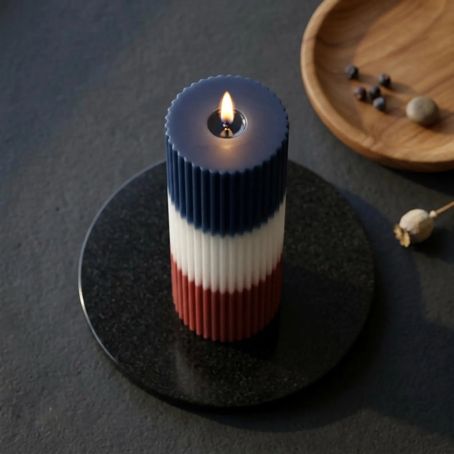 4th of July Soy Wax Pillar Candle — Red White Blue Patriotic Ribbed Candle, Independence Day Decor