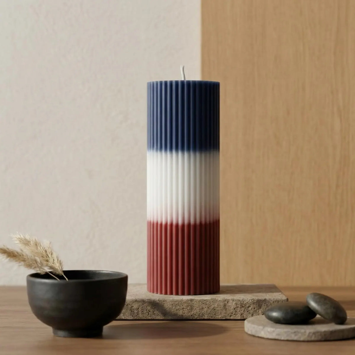 4th of July Soy Wax Pillar Candle — Red White Blue Patriotic Ribbed Candle, Independence Day Decor