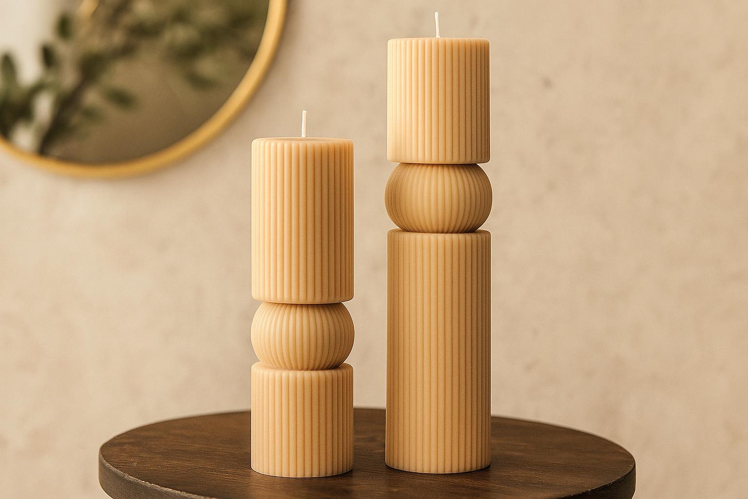 Oversized Ribbed Pillar Two Sculptural Candle Set