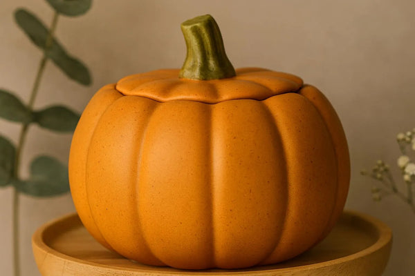An orange pumpkin-shaped ceramic pot with a lid and a green stem, displayed on a wooden stand against a warm beige background with soft-focus greenery.